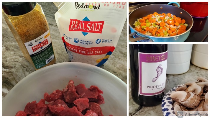 This venison stew meat recipe combines red wine, venison stew meat, mushrooms, vegetables, bacon, and Redmond Real Salt.