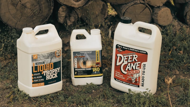 Deer Cane Liquid, Ani-Logics Mineral Dirt, and Liquid Trophy Rock deer minerals.